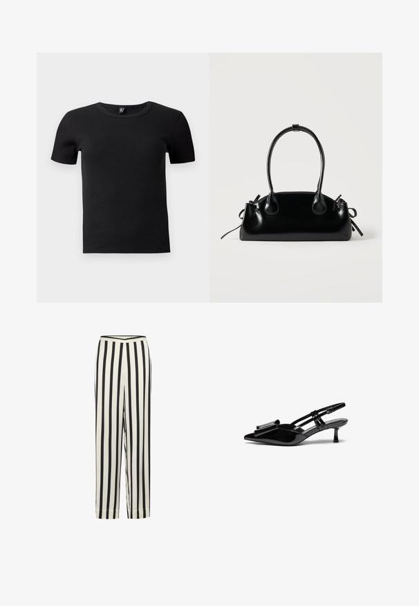 Camiseta negra de manga corta hecha de tela acanalada. Presenta un cuello redondo clásico y una silueta ajustada. Sin acentos adicionales.; Pantalones de rayas en blanco y negro con un diseño de pierna recta y una cinturilla elástica. Elaborados en una tela ligera con una textura suave.; Zapatos de tacón slingback de charol negro con punta afilada, detalle de lazo en el frente y un pequeño tacón de aguja. Las correas tienen hebillas ajustables.; Pequeño bolso negro brillante con dos asas largas y detalles de cordón lateral sobre un fondo claro liso.