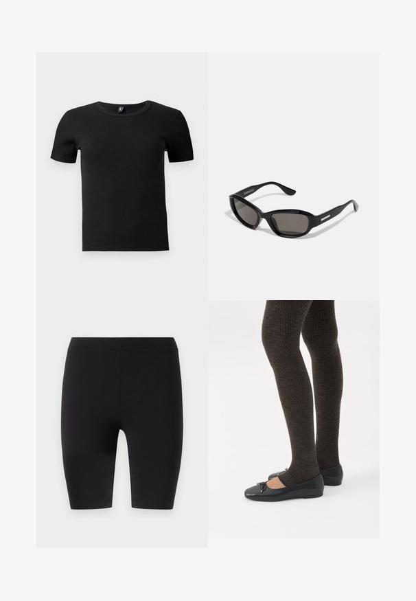 Sort kortærmet t-shirt lavet af ribbet stof. Har en klassisk rund hals og en tætsiddende silhuet. Ingen yderligere accenter.; Sorte knæ-lange leggings lavet af strækbart stof. Har en glat tekstur med en bred elastisk talje for komfort og pasform.; Ben iført mørke ribbede leggings kombineret med sorte balletsko med små sløjfedetaljer på hvid baggrund.; Sorte solbriller med rektangulært stel, mørke linser, glat plastmateriale og en metalaccent på templet.