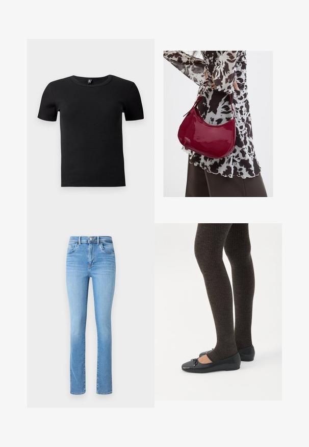 Schwarzes T-Shirt mit kurzen Ärmeln aus geripptem Stoff. Verfügt über einen klassischen Rundhalsausschnitt und eine taillierte Silhouette. Keine zusätzlichen Akzente.; Helle blaue Denim-Jeans mit geradem Bein, hohem Bund, traditioneller fünf Taschen-Optik und dezenten Ausbleichungen.; Beine in dunklen, gerippten Leggings kombiniert mit schwarzen Ballerinas mit kleinen Schleifendetails auf weißem Hintergrund.; Frau trägt eine schwarz-weiß gemusterte Bluse und hält eine glänzende rote Schultertasche vor einem einfarbigen Hintergrund.