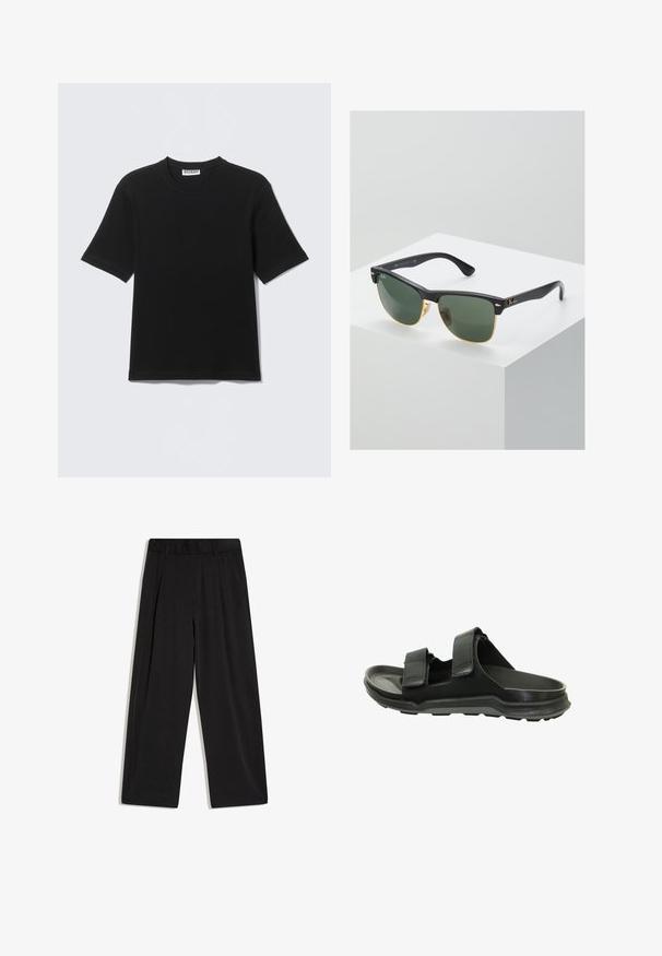 Sort kortærmet T-shirt med rund hals og "WEEKDAY" mærke på indersiden af kraven, vist fladt på en lys baggrund.; Sorte høj-taljede bukser med vide ben, elastisk talje og uden synlige lommer eller pynt.; Sorte sandaler har to justerbare stropper, et struktureret ydermateriale og en polstret sål med en skridsikker bund for godt fodfæste.; Ray-Ban solbriller med grønne linser, sorte plastikstel og gyldne detaljer ved kanterne. Firkantet form med mat finish.