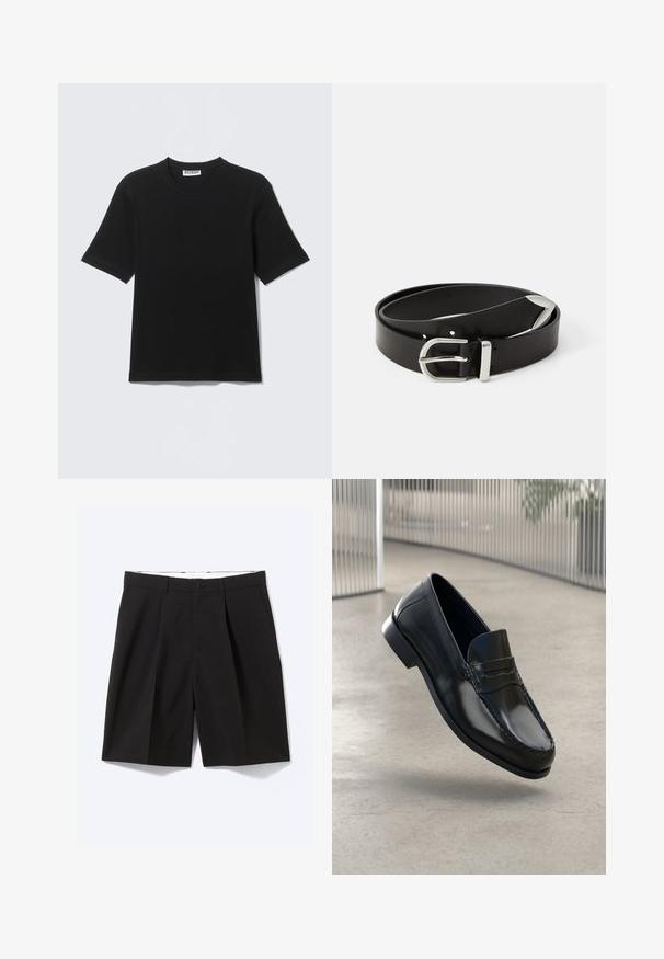 Schwarzes T-Shirt mit kurzen Ärmeln und Rundhalsausschnitt, mit einem "WEEKDAY"-Etikett innen am Kragen, flach auf einem hellen Hintergrund liegend dargestellt.; Schwarze, maßgeschneiderte knielange Shorts mit Gürtelschlaufen, Seitentaschen, Knopfverschluss und vorderen Falten, flach auf weißem Hintergrund ausgelegt.; Schwarze Leder-Loafer mit glatter Oberfläche, abgerundeter Spitze, dekorativen Nähten und leicht erhöhtem Absatz.; Schwarzer Ledergürtel mit einer silbernen Metallschnalle, die ein klassisches Design und eine glatte Textur aufweist. Mit Löchern für eine verstellbare Passform.