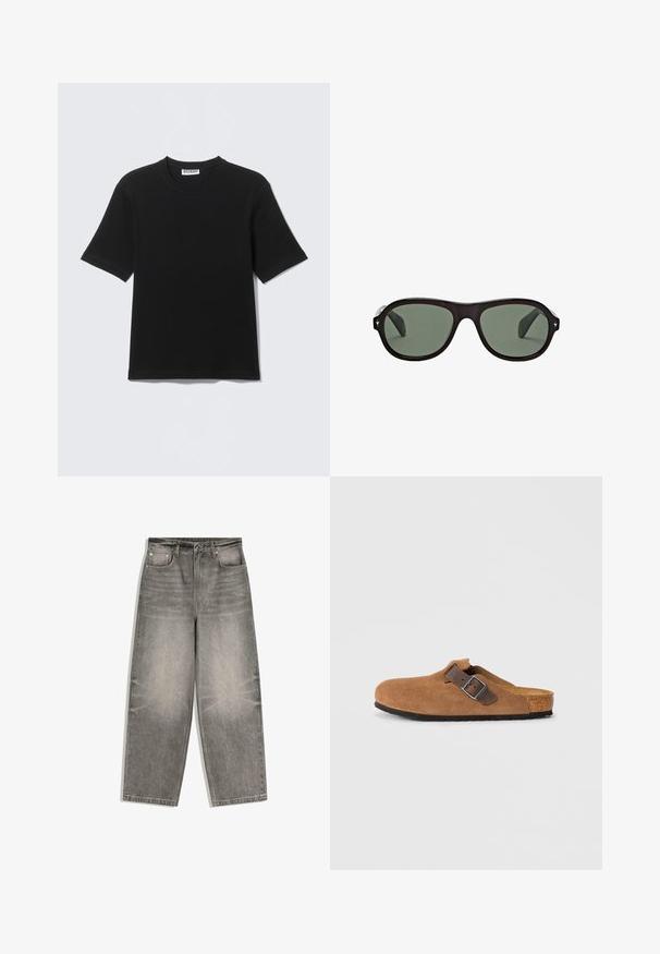 Zwart T-shirt met korte mouwen en ronde hals, met een label "WEEKDAY" aan de binnenkant van de kraag, plat neergelegd op een lichte achtergrond.; Grijs denim wijde broek met knopen aan de voorkant, ritssluiting, lussen voor een riem en een ontwerp met vijf zakken, plat gelegd op een witte achtergrond.; Bruine suede klompen met een verstelbare bruine leren band en zilveren gesp, voorzien van een gevormde kurken voetbed en een gestructureerde rubberen zool.; Zwarte ovale zonnebril met donkergroene glazen en kleine zilveren stervormige details op de randen van het montuur.