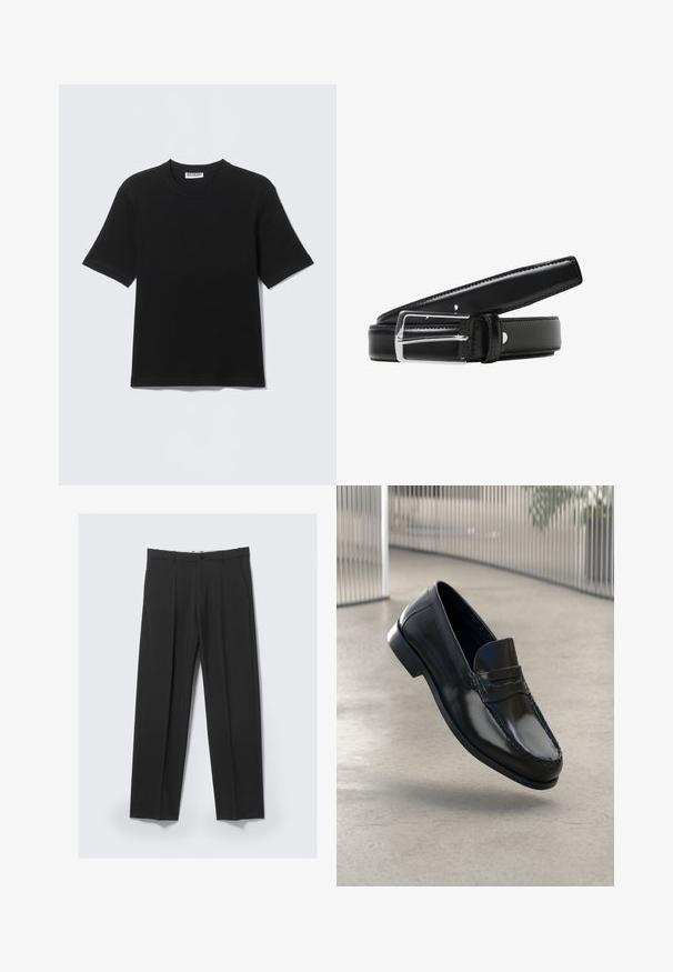 Schwarzes T-Shirt mit kurzen Ärmeln und Rundhalsausschnitt, mit einem "WEEKDAY"-Etikett innen am Kragen, flach auf einem hellen Hintergrund liegend dargestellt.; Schwarze, maßgeschneiderte Hose mit vorderen Falten, Seitentaschen, Gürtelschlaufen und Knopfverschluss am Bund vor hellem Hintergrund.; Schwarze Leder-Loafer mit glatter Oberfläche, abgerundeter Spitze, dekorativen Nähten und leicht erhöhtem Absatz.; Schwarzer Leder-Gürtel mit einer glänzenden silbernen Metallschnalle, glatter Textur und mehreren Einstelllöchern entlang des Riemens.