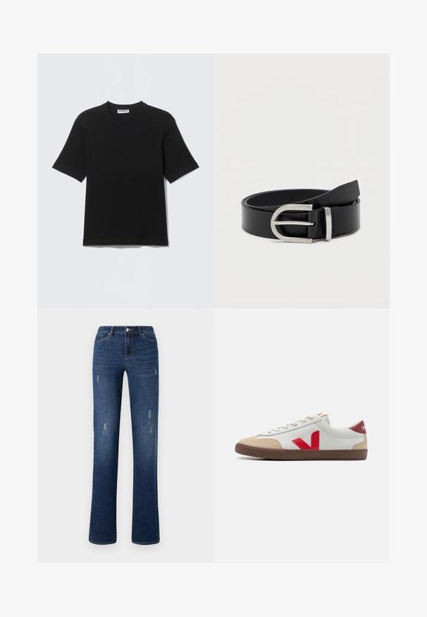 Sort kortærmet T-shirt med rund hals og "WEEKDAY" mærke på indersiden af kraven, vist fladt på en lys baggrund.; ONLY ONLWAUW MID WAIST - Jeans Slim Fit - dark blue denim; Hvide lædersneakers med rød V-logo, beige ruskind toe cap og brun gummisål. Har klassisk snørelukning og polstret krave.; Sort læderbælte med en glat overflade, der har en sølvmetalklausul og en klassisk rektangulær form.