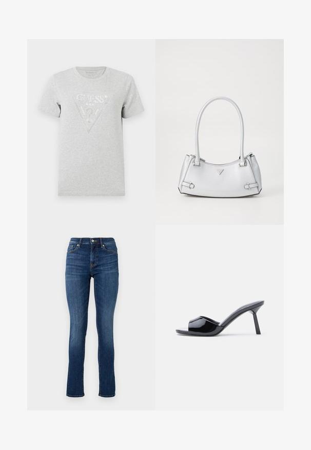 Grijze katoenen t-shirt met een driehoekig patroon met strasaccenten, waarin de tekst "GUESS U.S.A." in het midden staat. Korte mouwen.; Donkerblauwe skinny jeans van denim, met een standaard tailleband, zijzakken en subtiele stikseldetails.; Zwarte lakleren open-teen sandalen met hak, met een gebogen bovenkant ontwerp en een taps toelopende naaldhak. Gladde glanzende afwerking.; Zilveren handtas met een gestructureerd ontwerp, voorzien van twee handvatten, een glanzende textuur, opvallende hardware en een driehoekig logo aan de voorkant.