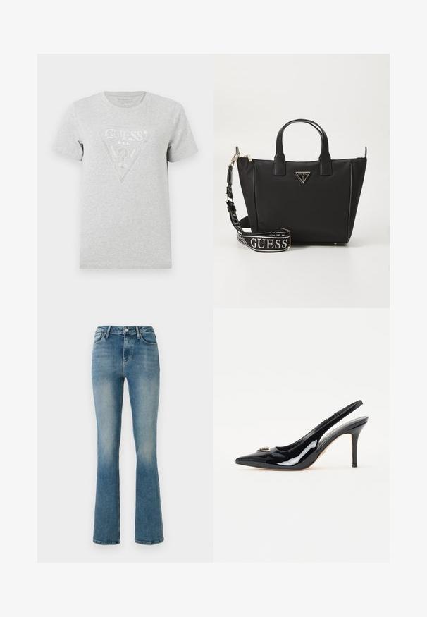 Grijze katoenen t-shirt met een driehoekig patroon met strasaccenten, waarin de tekst "GUESS U.S.A." in het midden staat. Korte mouwen.; Lichtblauwe flared jeans van denim met vijf zakken, een hoge taille en stikselDetails. De stof heeft een licht vervaagde wassing en een gladde textuur.; Zwarte gepatineerde leren slingback pumps met een spitse neus, slanke stilettohak en decoratieve versiering op de voorkant.; Zwarte nylon handtas met gestructureerd ontwerp, dubbele handvatten en afneembare schouderriem met logo. Goudkleurige hardware en zichtbare zijnaden.