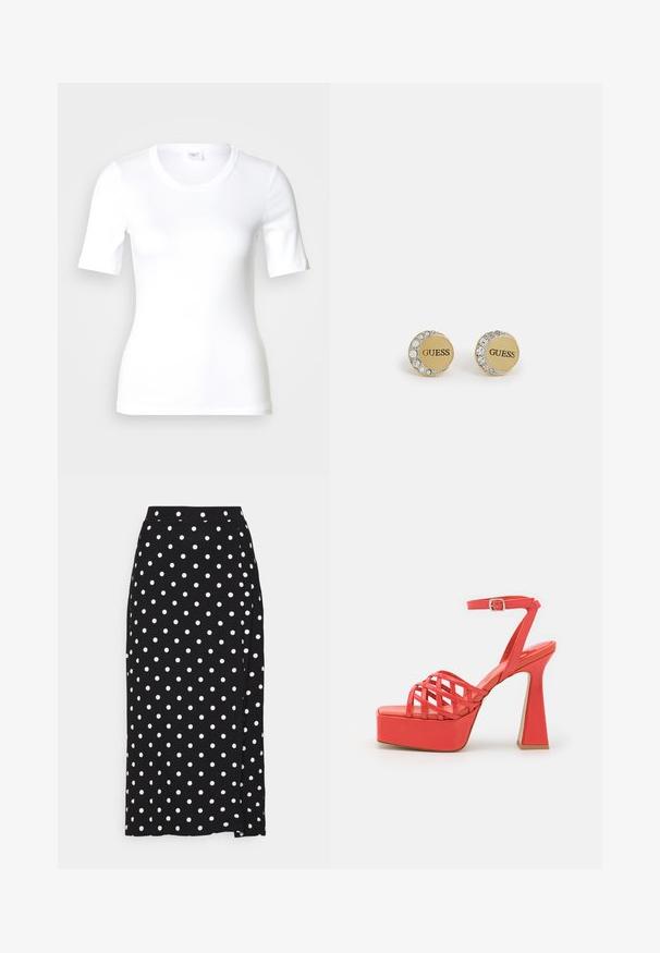 T-shirt blanc à manches courtes en coton lisse, doté d'un col rond et d'une coupe ajustée. Design classique, sans motifs ni accents.; Jupe noire à pois blancs, faite en tissu doux. Elle présente une coupe droite et une fente en bas pour plus de liberté de mouvement.; Jeffrey Campbell MODEST - Sandales à talons hauts - coral; Boucles d'oreilles circular en or avec le logo "GUESS", entourées de strass transparents, avec une finition métallique lisse et des bords texturés.