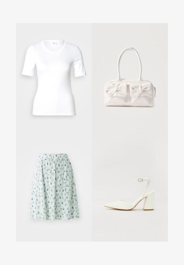 Camiseta blanca de manga corta hecha de algodón liso, con escote redondo y forma ajustada. Diseño clásico, sin estampados ni adornos.; Falda floral con cintura elástica, hecha de tela ligera. Presenta una base verde menta con pequeños patrones florales azules y blancos en toda la prenda.; Sandalia blanca de tacón con puntera afilada, correa ajustable en el tobillo y un tacón cuadrado grueso. Textura lisa con detalles de costura mínimos.; Bolso sintético blanco con dos bolsillos delanteros, cada uno con un detalle de lazo atado. Textura suave, asas redondeadas y cierre de cremallera.