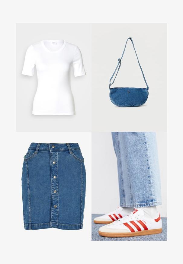 Wit T-shirt met korte mouwen van glad katoen, met een ronde halslijn en een aangesloten pasvorm. Klassiek ontwerp, zonder patronen of accenten.; Denim rok met een sluiting aan de voorkant met knopen, een aansluitend ontwerp, lichtblauwe kleur en subtiele stiksels.; Witte leren sneakers met rode strepen en accenten. Voorzien van een getextureerde gumrubberen outsole en een gevoerde kraag. Draag ze met lichtblauwe denim.; Blauwe denim crossbodytas met verstelbare riem en klein metalen logo aan de voorkant, weergegeven tegen een witte achtergrond.