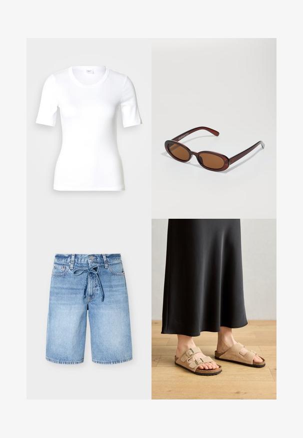 Wit T-shirt met korte mouwen van glad katoen, met een ronde halslijn en een aangesloten pasvorm. Klassiek ontwerp, zonder patronen of accenten.; Middenblauwe denimshorts met een hoge taille, knoop aan de voorkant, vijf zakken en een gebonden stoffen riem in de taille.; Lichtbruine suède sandalen met twee verstelbare gespbandjes, kurken voetbed en rubberen zool, gecombineerd met een zwarte maxi-jurk.; Ronde, bruin getinte zonnebril met een glanzend bordeauxrood frame. Slanke pootjes met subtiele merkdetails. Vlakke lensontwerp.