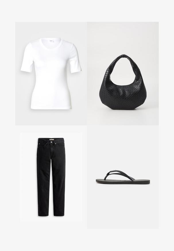 Wit T-shirt met korte mouwen van glad katoen, met een ronde halslijn en een aangesloten pasvorm. Klassiek ontwerp, zonder patronen of accenten.; Zwarte straight-leg jeans met knoop- en ritssluiting, riemlussen en voor- en achterzakken, plat gelegd op een witte achtergrond.; Zwarte flip-flop sandalen met gestructureerde banden en een platte rubberen zool. De banden hebben een lichte glinsterende uitstraling.; Zwarte geweven handtas met een gebogen handvat, met een gestructureerd oppervlak en een slouchy vorm. Gladde afwerking met een organische silhouette.