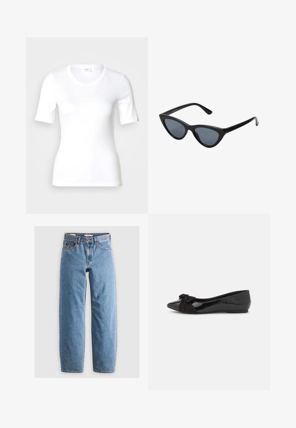 Wit T-shirt met korte mouwen van glad katoen, met een ronde halslijn en een aangesloten pasvorm. Klassiek ontwerp, zonder patronen of accenten.; Lichtblauwe denim jeans met een recht model, vijf zakken, een ritsluiting en een subtiele vervaagde textuur. Klassieke stijl met minimale hardware.; Zwarte balletflat met een glanzende lakafwerking en een contrasterende zwarte suède strikaccent op de neus. Platte zool. Minimalistisch design.; Zwarte cat-eye zonnebril met donkergrijze lenzen, slank plastic frame, puntige hoeken en rechte pootjes. Geen zichtbare hardware of accenten.