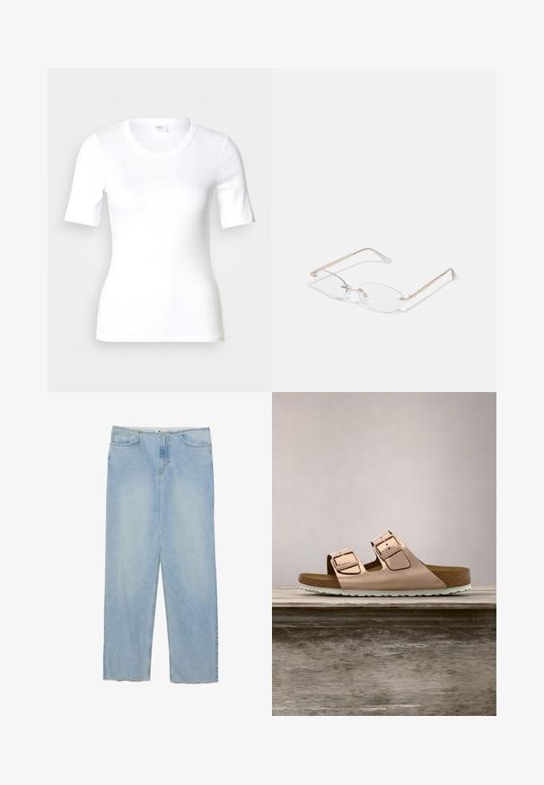 Wit T-shirt met korte mouwen van glad katoen, met een ronde halslijn en een aangesloten pasvorm. Klassiek ontwerp, zonder patronen of accenten.; Lichtblauwe denim jeans met een rechte pijp, met een hoge taille, vijf zakken en gezeffde zoomdetails.; Roze-gouden slidersandalen met twee verstelbare metalen gespen, kurken voetbed en witte rubberen zool. Gladde metalen afwerking, open teen ontwerp.; Gouden metalen bril met ovale lenzen, slanke armen en transparante neus pads. Heeft subtiele scharnieraccenten en transparante lenzen.