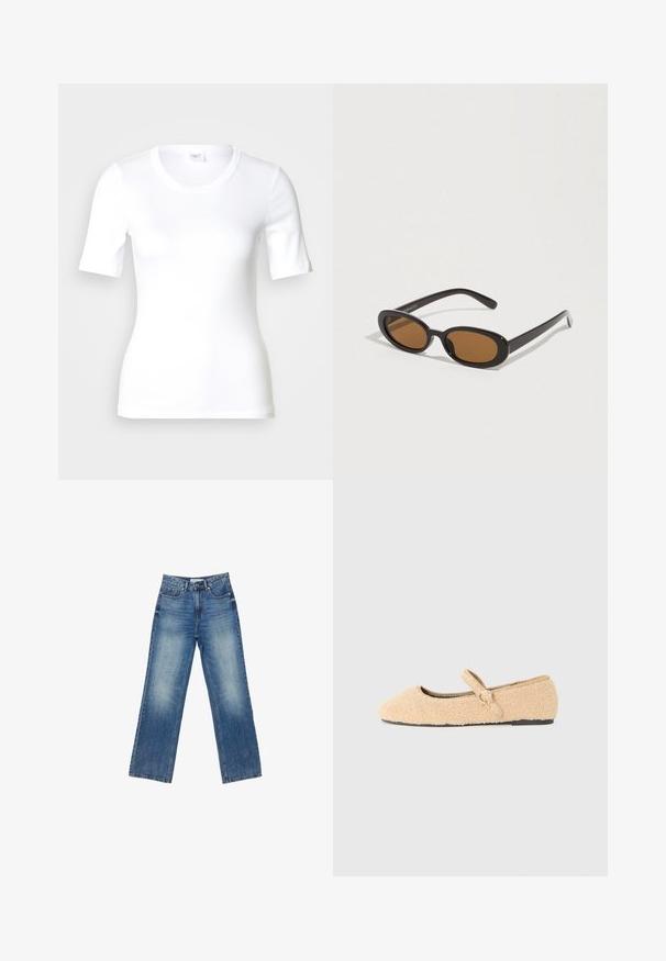 Weißes T-Shirt mit kurzen Ärmeln aus glattem Baumwollstoff, mit rundem Ausschnitt und figurbetonter Form. Klassisches Design, ohne Muster oder Akzente.; Helle Denim-Hosen mit weitem Bein und einem verwaschenen Finish, fünf Taschen, sichtbaren Nähten, Knopf- und Reißverschluss sowie geradem Schnitt.; Beige, flauschiger Mary Jane-Ballettschuh mit runder Zehenpartie, verstellbarem Riemen mit rundem Schnallenverschluss und schwarzer Sohle auf weißem Hintergrund.; Sonnenbrille mit ovalen braunen Gläsern, schwarzen Kunststofffassungen und dünnen Bügeln. Glatte Textur mit minimalistischem Design.