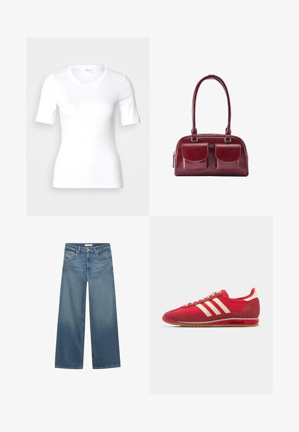 Wit T-shirt met korte mouwen van glad katoen, met een ronde halslijn en een aangesloten pasvorm. Klassiek ontwerp, zonder patronen of accenten.; Lichtblauwe wijde jeans van denim, met een middelhoge taille, twee voorkruiszakken en klassieke stikdetails.; Rode sportieve sneaker met een gestructureerde bovenzijde, drie witte strepen, ronde neus en een rubberen zool met logo-details aan de zijkant.; Donkerrode lederen handtas met twee voorvakken met kleppen en lange schouderbanden, getoond op een witte achtergrond.