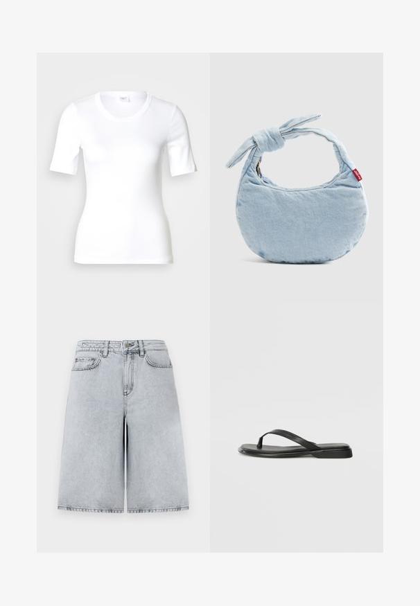 Wit T-shirt met korte mouwen van glad katoen, met een ronde halslijn en een aangesloten pasvorm. Klassiek ontwerp, zonder patronen of accenten.; Lichtgrijze denim shorts met een ontspannen pasvorm, met een hoge taille, vijf zakken en een rechte snit. Strakke, minimalistische stikdetails.; Zwarte teenflip-flop van glad leer, met een dunne band en een platte zool met een minimalistisch profiel. Geen opvallende patronen of accenten.; Lichtblauwe denim schoudertas met een knoopdetail aan het handvat en een klein rood Levi's-label aan de zijkant.