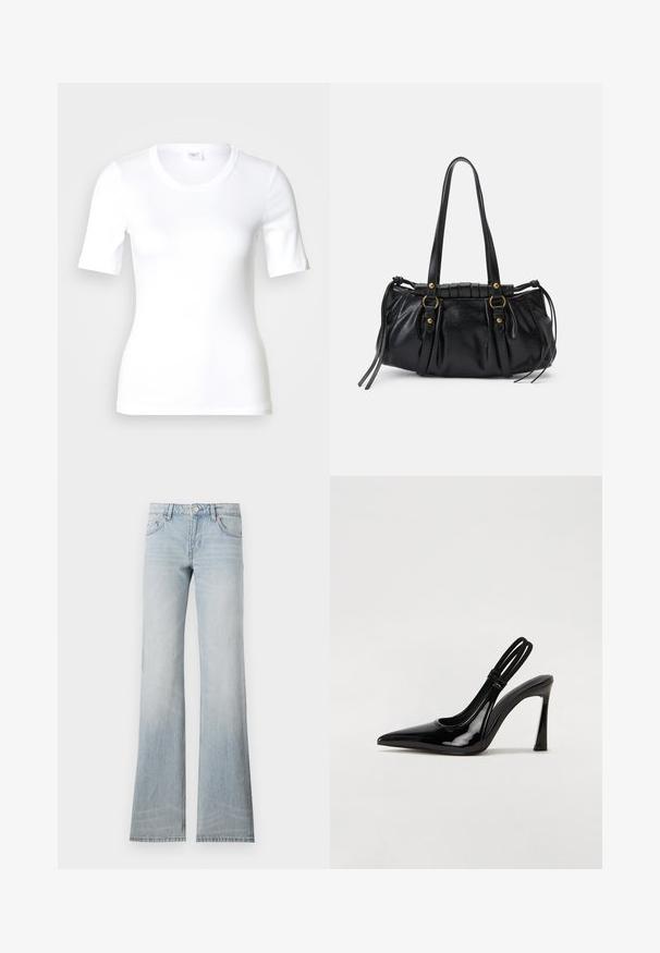 Hvid T-shirt med korte ærmer lavet af glat bomuld, med rund halsudskæring og en tætsiddende pasform. Klassisk design uden mønstre eller detaljer.; Lyseblå denim flared jeans med en slidt finish, fem lommer og knaplukning. Stoffet har en glat tekstur og let stræk.; Sorte patenterede lædersædler med spidse tæer, slank høj hæl og dobbelt elastisk rem for sikker pasform. Glat, skinnende overflade.; Sort læderhåndtaske med rund form, dobbelte hanke, dekorative hardware-detaljer og snøre på siden. Glat, blank overflade.