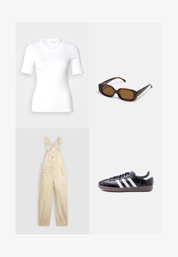 Camiseta blanca de manga corta hecha de algodón liso, con escote redondo y forma ajustada. Diseño clásico, sin estampados ni adornos.; Overol de mezclilla en un tono beige claro, con un bolsillo cuadrado, tirantes ajustables, botones de presión en el lateral y corte de pierna ancha.; Zapatilla negra de perfil bajo con patrón texturizado de piel de serpiente, rayas blancas en el costado, cordones negros y suela traslúcida marrón.; Gafas de sol de carey con forma rectangular, lentes marrones, montura de plástico suave y varillas delgadas que presentan sutiles patrones tonales.