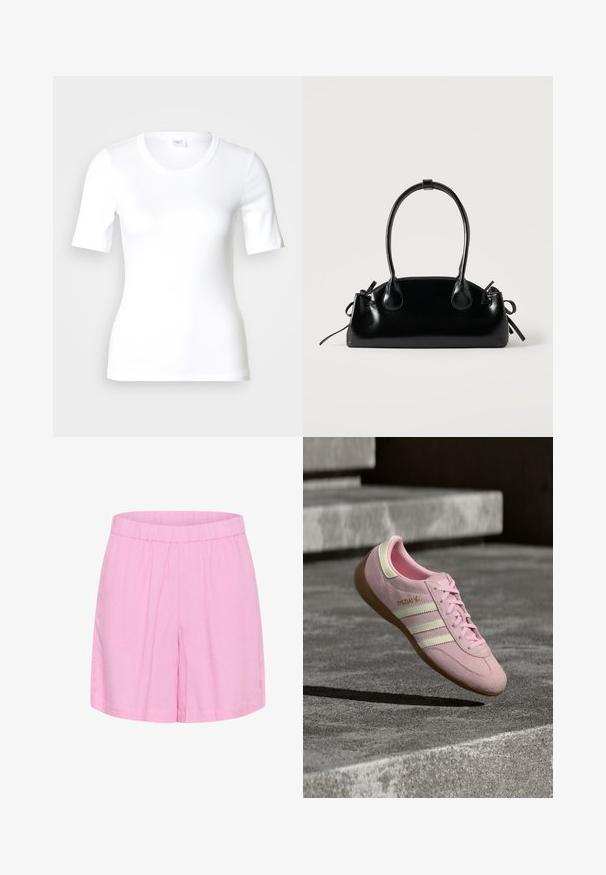 T-shirt blanc à manches courtes en coton lisse, doté d'un col rond et d'une coupe ajustée. Design classique, sans motifs ni accents.; Shorts en coton rose avec une taille élastique, offrant une coupe décontractée et une texture lisse, adaptés à un usage décontracté.; Baskets en cuir suédé rose avec trois bandes blanches, design à lacets, semelle en gomme et détail de logo doré sur le côté. Texture douce avec forme arrondie.; Petit sac à main noir brillant avec deux longues anses et des détails à cordon sur les côtés sur un fond clair uni.