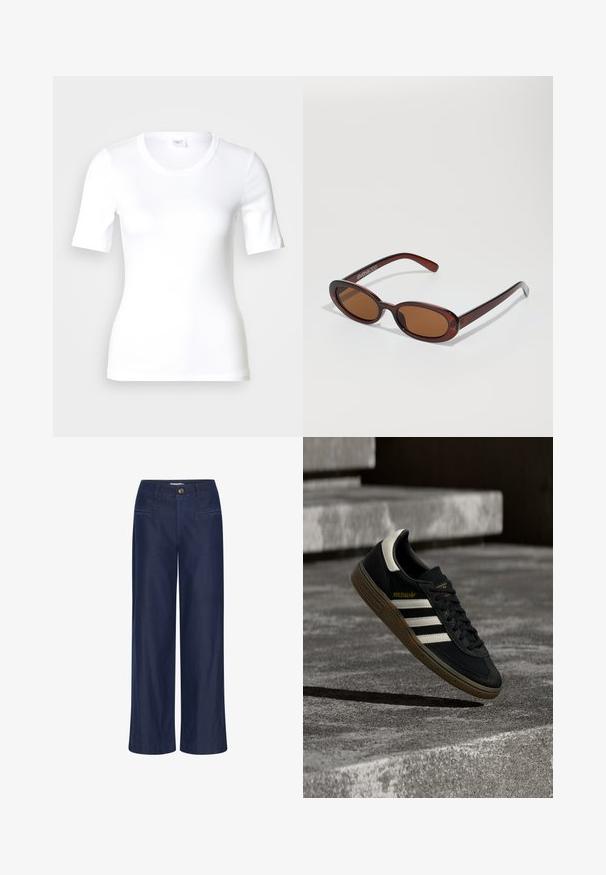 Camiseta blanca de manga corta hecha de algodón liso, con escote redondo y forma ajustada. Diseño clásico, sin estampados ni adornos.; ICHI IHFlared - Vaqueros a campana - dark blue; Zapatilla negra de Adidas con rayas blancas y suela de goma flotando sobre escalones de concreto gris a la luz natural.; Gafas de sol redondas con tinte marrón y un marco burdeos brillante. Patillas delgadas con un sutil detalle de marca. Diseño de lentes planos.