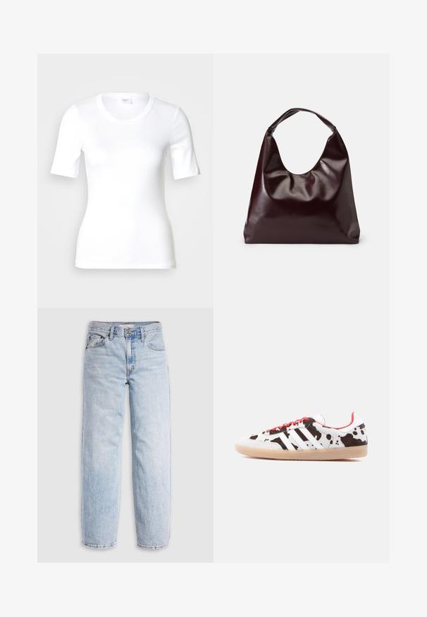 Hvid T-shirt med korte ærmer lavet af glat bomuld, med rund halsudskæring og en tætsiddende pasform. Klassisk design uden mønstre eller detaljer.; Lyseblå denimjeans med høj talje, afslappet pasform, lige ben og et klassisk design med fem lommer. Synlige falmede detaljer og syninger.; Hvide sneakers med et ko-mønster, røde snørebånd og tre hvide striber. Tekstureret overdel og sål i gumgummi.; Bordeaux, skinnende vegansk læder tote taske med en blød, skulpturel form og et bredt, buet håndtag for nem bæring.