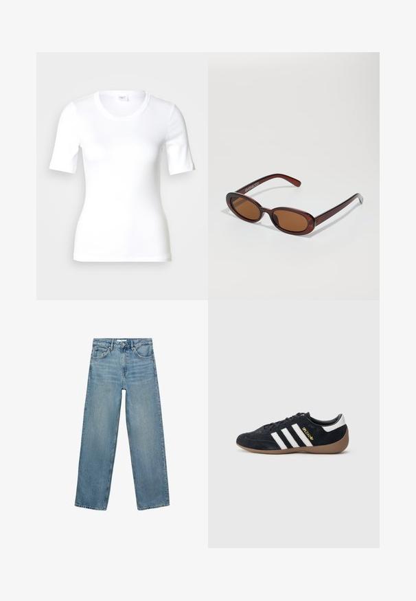 Wit T-shirt met korte mouwen van glad katoen, met een ronde halslijn en een aangesloten pasvorm. Klassiek ontwerp, zonder patronen of accenten.; Lichtblauwe spijkerbroek met een rechte pijp, hoge taille, vijf zakken en contrasterende stiksels. Geen versieringen of patronen aanwezig.; Zwarte suède sneaker met drie witte strepen, een rubberen gumzool en een klein gouden logo aan de zijkant. Heeft een gladde zwarte binnenvoering.; Ronde, bruin getinte zonnebril met een glanzend bordeauxrood frame. Slanke pootjes met subtiele merkdetails. Vlakke lensontwerp.