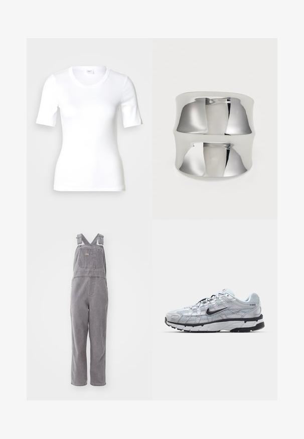 Camiseta blanca de manga corta hecha de algodón liso, con escote redondo y forma ajustada. Diseño clásico, sin estampados ni adornos.; Overoles de mezclilla gris con tirantes ajustables, un bolsillo frontal y un ajuste relajado. Cuenta con piernas de corte recto y un color sólido en toda la prenda.; Zapatillas Nike P-6000 con parte superior de malla gris claro, acentos negros y suela de goma negra duradera. Presentan un diseño intrincado y un sistema de cordones.; Anillo de puño de plata con una superficie lisa y reflectante. Presenta un diseño curvado y una banda ancha, creando un aspecto moderno y minimalista.