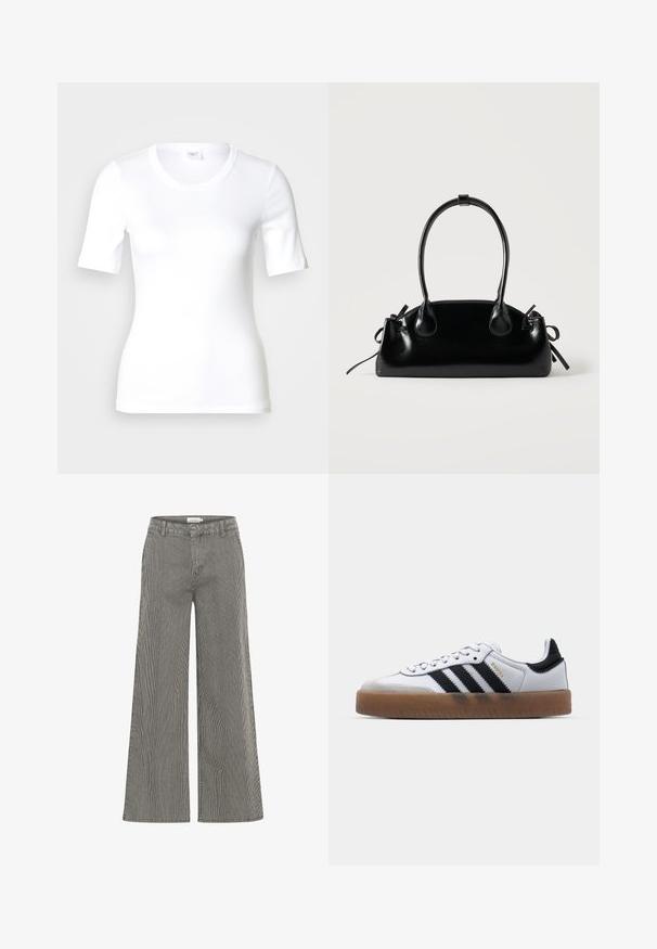 T-shirt blanc à manches courtes en coton lisse, doté d'un col rond et d'une coupe ajustée. Design classique, sans motifs ni accents.; Pantalons large à rayures noires et blanches avec une taille haute, présentant des passants de ceinture et une texture lisse. Convient pour une tenue décontractée ou formelle.; Baskets en cuir blanc avec des rayures noires, semelle extérieure en caoutchouc beige, bout rond, fermeture lacée et embout en suède gris doux.; Petit sac à main noir brillant avec deux longues anses et des détails à cordon sur les côtés sur un fond clair uni.