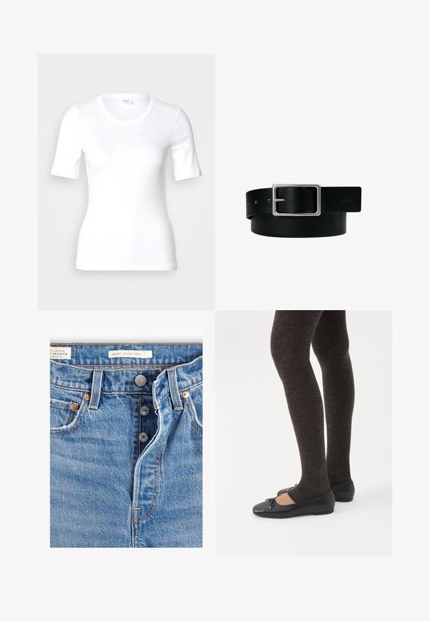 Hvid T-shirt med korte ærmer lavet af glat bomuld, med rund halsudskæring og en tætsiddende pasform. Klassisk design uden mønstre eller detaljer.; Lyseblå denim jeans med lige ankelpasform. Indeholder fem lommer, to metalknapper og synlig orange syning. Der er mærker til stede.; Ben iført mørke ribbede leggings kombineret med sorte balletsko med små sløjfedetaljer på hvid baggrund.; Sort læderbælte med sølv rektangulært spænde og flere justeringshuller, lagt fladt på en hvid baggrund.