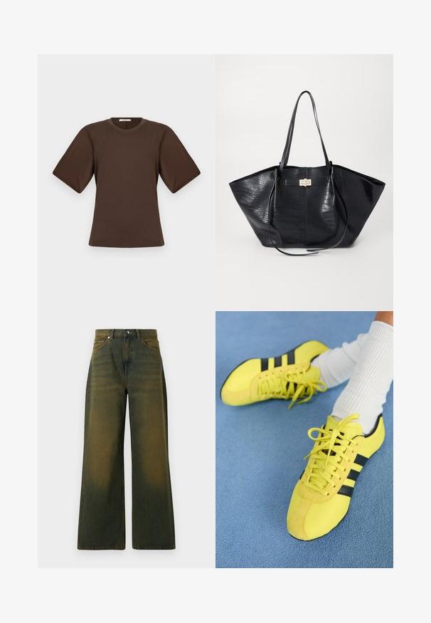 Brun kortærmet top med brede ærmer og rund halsudskæring, vist fladt mod en lys grå baggrund.; Videbenede jeans i falmet olivengrønt denim, med høj talje, fem-lomme design og kontrasterende syninger for ekstra detaljer.; Lys gule atletiksko med sorte striber og snørebånd; har en struktureret overdel og suedefornum. Brugt med hvide ribbede sokker.; Sort tote taske med krokodillemønster, glat tekstur, dobbelte skulderremme og en central detalje i guldfarvet metal.