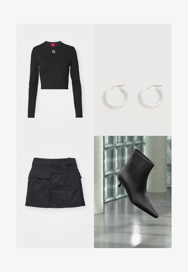 Top court à manches longues noir en tissu lisse, avec un col rond et un logo "HUGO" blanc au centre de la poitrine.; Jupe mini cargo noire en coton. Équipée de poches latérales et d'un design à l'avant plat avec un ourlet légèrement effiloché.; Bottine en cuir noir avec bout pointu et petit talon, présentée devant un mur en blocs de verre et un sol poli.; Paire de boucles d'oreilles créoles moyennes argentées brillantes avec de fines attaches métalliques sur un fond clair et neutre.