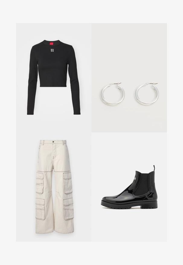 Zwart langemouwen cropped top van gladde stof, met een ronde hals en het witte "HUGO" logo op de borst.; Beige cargobroek van duurzaam materiaal, met meerdere zijzakken en contrasterende stiksels, een wijde pasvorm en een knoopsluiting.; HUGO TABITA - Regenlaarzen - black; Een paar middelgrote glanzende zilveren oorringen met dunne metalen sluitingen op een lichte neutrale achtergrond.