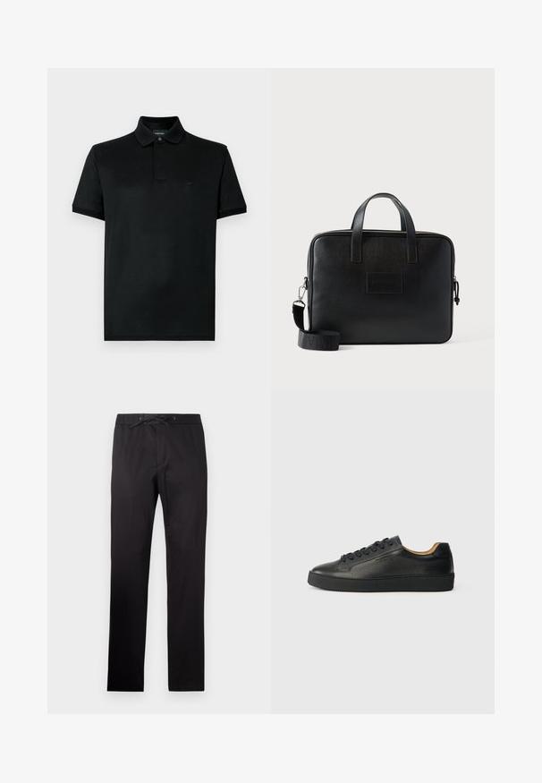 Camiseta polo negra de manga corta hecha de algodón suave. Cuenta con un cuello clásico, una tapeta de dos botones y un logo sutil en el pecho.; Pantalones negros con cintura elástica y cordón. Presentan una textura suave y un diseño de pierna recta. Estilo minimalista sin patrones.; Zapatilla negra de cuero de caña baja con superficie texturizada, cordones negros y suela de goma gruesa, mostrada de lado sobre un fondo claro.; Bolso para portátil de cuero negro con dos asas superiores, una correa de hombro desmontable, superficie texturizada y forma rectangular. Parche de logo estampado visible.