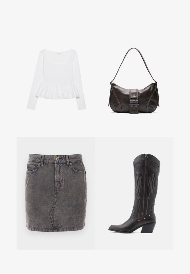 Haut blanc à manches longues avec un décolleté carré, doté d'un ourlet peplum froncé en tissu texturé. Étiquettes visibles au niveau du cou.; Jupe en denim grise avec une texture côtelée verticale, dotée d'une fermeture à boutons sur le devant, de deux poches latérales et d'un ourlet droit.; Bottes de cowboy en cuir marron avec surpiqûres en forme de flammes, fermeture éclair latérale, clous argentés, bout pointu et talon superposé.; Sac à épaule en cuir marron avec une forme courbée, présentant un détail de boucle proéminent, des coutures contrastantes et une seule bandoulière.