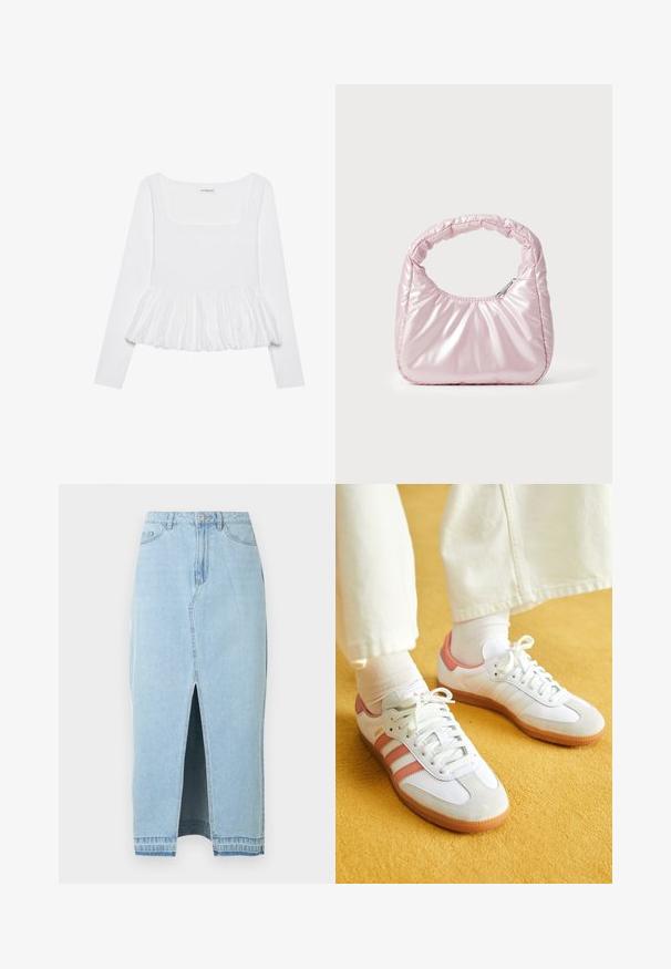Hvid langærmet top med firkantet halsudskæring, der har en samlet peplumkant lavet af tekstureret stof. Etiketter synlige ved halsen.; Denimnederdel i lyseblå med en frontslids og en linning. Har traditionelt design med fem lommer og lukning med metal knap.; Hvide sportsko med lyserøde accenter, lavet af ruskind og læder, rund tå og gummisål, vist med lyse sokker på en gul baggrund.; Rosa, polstret håndtaske med afrundet design, lavet af skinnende materiale. Har et samlet håndtag og en lynlås til sikker adgang.
