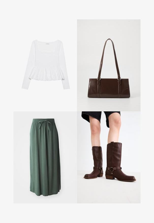 Blusa blanca de manga larga con escote cuadrado, que presenta un dobladillo peplum fruncido hecho de tela texturizada. Etiquetas visibles en el cuello.; Falda verde de longitud media hecha de una tela suave, con una cintura elástica y cordón ajustable; textura suave y diseño sencillo.; Botas de cuero marrón hasta la rodilla con punta redonda, superficie texturizada, correa en el tobillo y detalles de hardware plateado; tacón apilado.; Bolso de mano de piel sintética marrón con forma rectangular, dos asas largas y sutiles acentos curvados en la parte delantera.