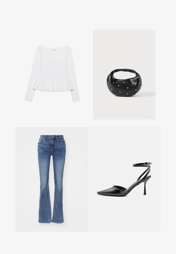 Haut blanc à manches longues avec un décolleté carré, doté d'un ourlet peplum froncé en tissu texturé. Étiquettes visibles au niveau du cou.; Jean en denim évasés dans un dégradé de bleu clair à moyen, avec un design à cinq poches, des passants de ceinture et une fermeture à glissière avec bouton en métal.; Escarpin noir à bout pointu avec fines brides de cheville et fermeture à boucle argentée sur fond clair uni.; Sac à main en cuir noir de forme arrondie, décoré de clous argentés et équipé d'une poignée courte. Texture lisse et fermeture éclair.