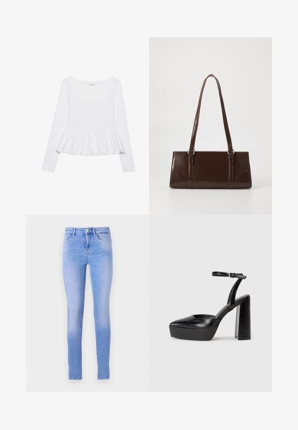 Witte lange mouw top met een vierkante halslijn, voorzien van een geplooide peplumrand van een gestructureerde stof. Labels zichtbaar bij de hals.; Lichtblauwe skinny jeans met een vervaagde wassing, voorzien van een vijf-pocket ontwerp, een sluiting met knop aan de voorkant en een schone zoom.; Zwarte plateauhakken met een puntige neus en verstelbare enkelband. Gemaakt van soepel leer, met een robuuste blokhak.; Bruine lakleren handtas met een rechthoekige vorm, twee lange handvatten en subtiele gebogen accenten aan de voorkant.