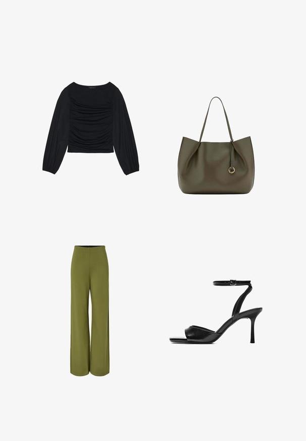 Top noir à manches longues présentant un détail de tissu froncé à l'avant et aux poignets, fabriqué en matière douce et extensible avec un col bateau.; Pantalon large vert olive avec une taille haute et un tissu lisse et fluide, présenté sur fond blanc.; Sandale à talon haut en cuir noir avec bout ouvert, fine bride de cheville avec boucle et talon effilé.; Sac cabas en cuir vert olive avec des bretelles fines et un petit charme décoratif rond doré suspendu à un cordon en cuir.