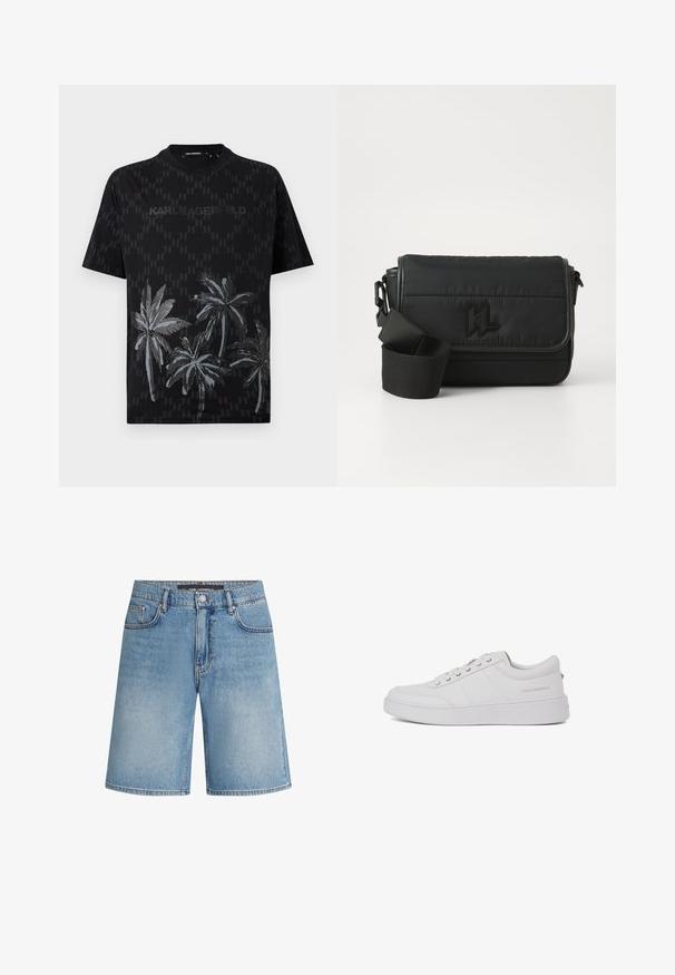 Camiseta negra de manga corta con un patrón sutil de logotipos por todo el tejido, gráfico de palmera en la parte inferior y texto "KARL LAGERFELD" en el pecho.; Shorts de mezclilla en azul claro, con un corte clásico, cinco bolsillos y costuras en contraste. Terminado con una cinturilla estándar y cierre de botón.; Zapatillas de cuero blanco con un diseño clásico de corte bajo, suela plana y un sutil logo de la marca en el talón. Cuenta con cinco ojales metálicos para los cordones.; Bolso de mensajero negro de nylon, con un diseño acolchado, correa ajustable y logo en relieve en la parte frontal. Textura suave.