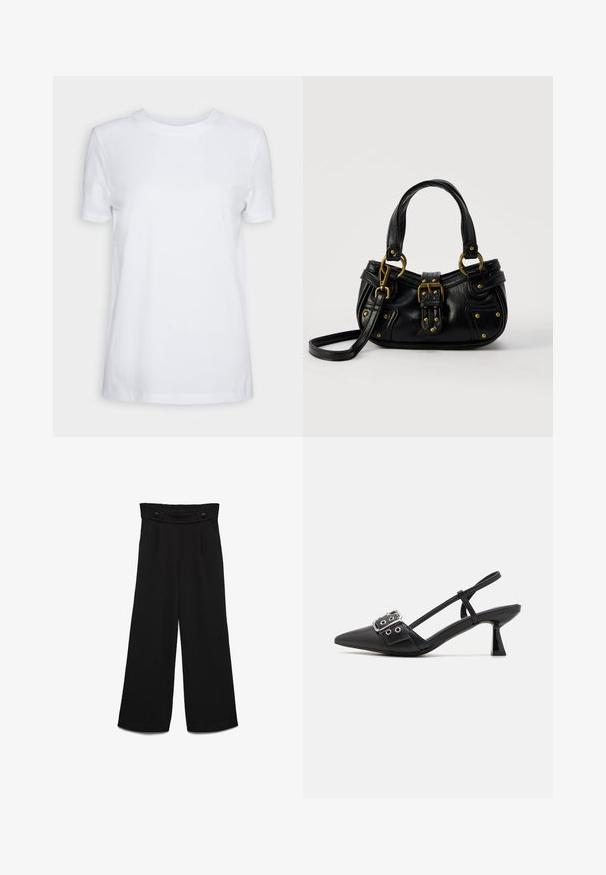 T-shirt blanc uni à manches courtes, col rond, coupe régulière, avec une petite étiquette à l’intérieur du col indiquant "SELECTED FEMME."; Pantalon noir à jambes larges avec une taille haute, doté de deux boutons à l'avant et d'une texture lisse. Coupe droite avec des plis à l'avant.; Simmi London DALA - Escarpins - black; Sac à main en cuir noir avec boucle dorée et détails à rivets, poignées courtes et bandoulière réglable sur fond blanc uni.