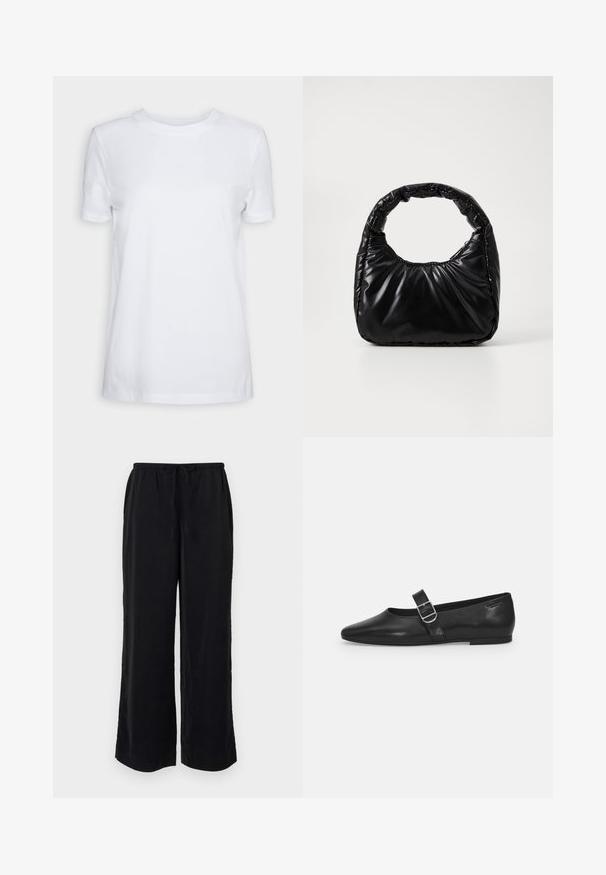 Camiseta blanca lisa de manga corta con cuello redondo, ajuste regular y una pequeña etiqueta interior en el cuello que dice "SELECTED FEMME."; Pantalones anchos negros con cintura elástica y bolsillos laterales. Fabricados en un tejido ligero con una textura suave. Sin patrones visibles.; Zapato plano de cuero negro con punta redondeada, una sola correa ajustable con hebilla y una textura suave y brillante. Diseño minimalista con un tacón bajo.; Bolso negro acolchado con un asa redondeada, que presenta una superficie lisa y brillante y una textura suave y acolchada. Sin herrajes ni acentos visibles.
