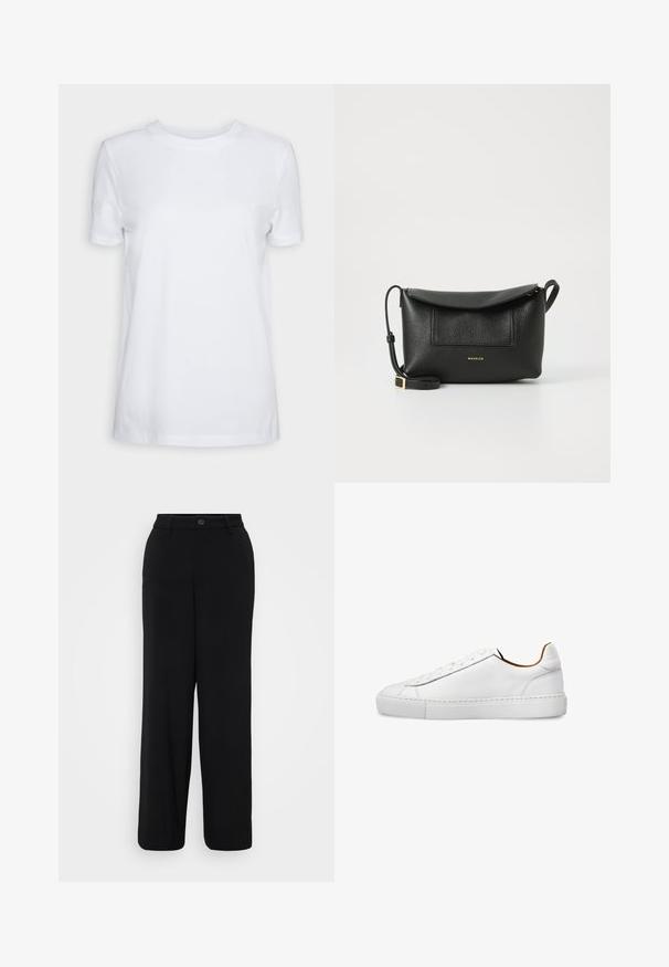 Simpel hvid T-shirt med korte ærmer og rund hals, normal pasform og et lille indvendigt mærke på nakken med teksten "SELECTED FEMME."; Sorte breddebenbukser lavet af et glat stof. Har en taljebånd med en knaplukning og detaljer med frontfolder.; Hvid lavtop lædersneaker med rent design, rund tå og flad gummisål vist i profil.; Sort læder crossbody taske med en tekstureret overflade, flap-top og frontlomme. Har et guld brandlogo og en justerbar skulderrem.