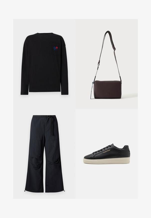 Les Benjamins LONG SLEEVE - Langarmshirt - black; Schwarze, weit geschnittene Hose aus leichtem Stoff. Verfügt über einen Gürtel, zwei große Seitentaschen und verstellbare Säume mit Kordelzug.; Schwarze Leder-Sneaker mit glatter Oberfläche, kontrastierender cremefarbener Sohle, abgerundeter Spitze, goldfarbenem Logo an der Seite und sechs Ösen für die Schnürsenkel.; Dunkelbraune, strukturierte Leder-Crossbody-Tasche mit verstellbarem Riemen und kleinem dekorativen blauen Akzent an der Seite.