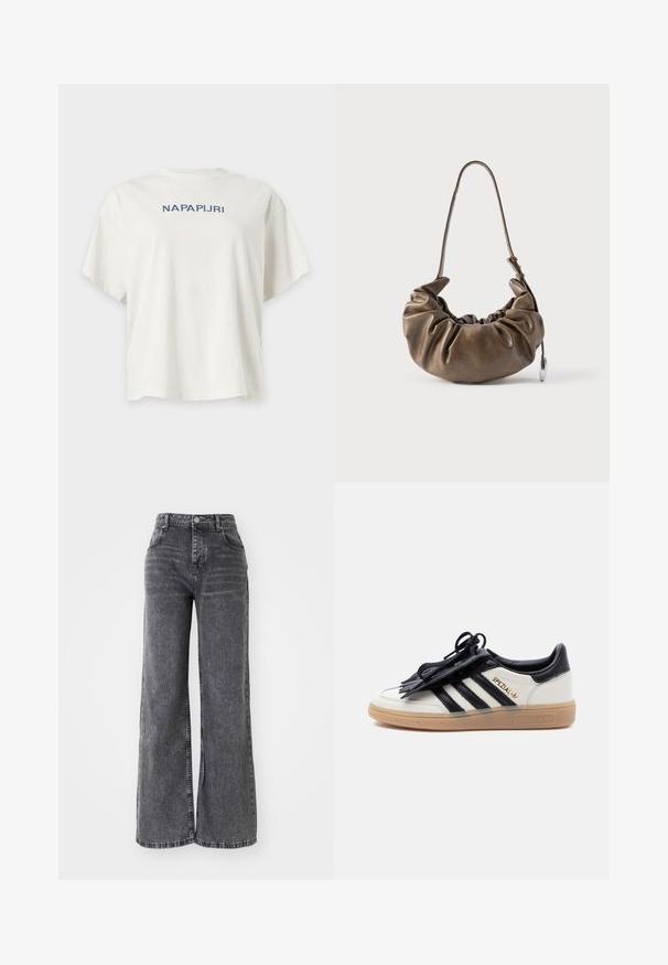 Hvid løstsiddende T-shirt med korte ærmer og blå "NAPAPIJRI" tekst centreret på brystet mod en ensfarvet baggrund.; Bredde ben grå denim bukser med høj talje, der har traditionel fem-lomme styling og en subtil falmet finish.; Hvid og sort Adidas Spezial-sneaker med gummisål, sorte striber og sort snørebåndsdække på en ensartet lys baggrund.; Brun lædertaske med et rynket design, blød tekstur, enkelt justerbart rem og en sølvaccent. Kompakt, rundet form.