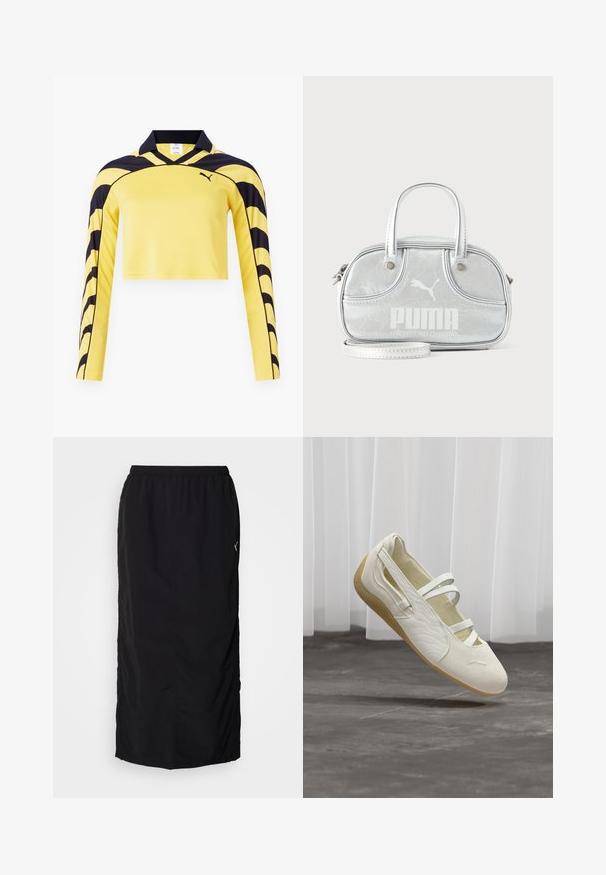 Gul, cropped langærmet trøje med sorte accenter, pæn krave og en tekstureret overflade med et dynamisk stribe mønster. Puma-logo inkluderet.; Sort atletisk nederdel med elastisk talje, der har sideskaller for nem bevægelse og minimal mærkning på højre side.; Off-white Mary Jane-stil sko med tre remme, teksturerede sider og lys brun fleksibel sål, der svæver over grå gulv.; Lille metallic sølvfarvet Puma-håndtaske med to top-håndtag, en lang rem, frontlogo og lynlåslukning på en ensfarvet lys baggrund.