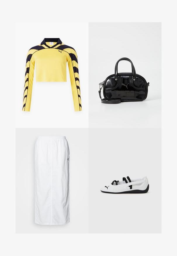 Gul, cropped langærmet trøje med sorte accenter, pæn krave og en tekstureret overflade med et dynamisk stribe mønster. Puma-logo inkluderet.; Hvid midi-nederdel med elastisk talje, ensartet tekstur, lige snit og en subtil detalje med sidelommer.; Hvide sportsko med sorte detaljer, der har en afrundet tå, elastiske stropper og en struktureret gummisål. Puma-logoet på forsiden.; Sort lakeret håndtaske med dobbelte top-håndtag, aftagelig skulderrem, rund form og et fremtrædende præget "PUMA"-logo.