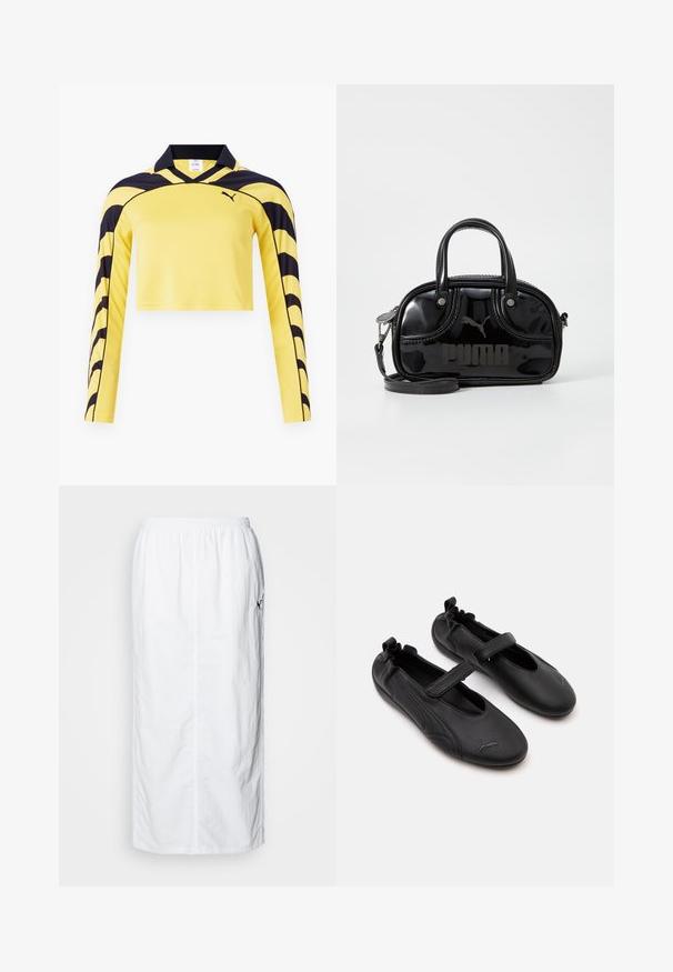 Gul, cropped langærmet trøje med sorte accenter, pæn krave og en tekstureret overflade med et dynamisk stribe mønster. Puma-logo inkluderet.; Hvid midi-nederdel med elastisk talje, ensartet tekstur, lige snit og en subtil detalje med sidelommer.; Par sorte læder Mary Jane-stil sko med elastisk bagpå og velcrolukning, med en diskret Puma-logo på hver tå.; Sort lakeret håndtaske med dobbelte top-håndtag, aftagelig skulderrem, rund form og et fremtrædende præget "PUMA"-logo.
