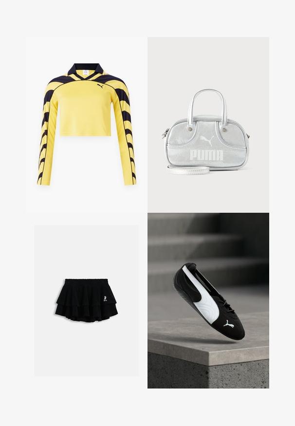 Jersey jaune à manches longues raccourcies avec des accents noirs, un col polo et une surface texturée présentant un motif de rayures dynamiques. Logo Puma inclus.; Mini-jupe noire à volants avec taille élastique et petit logo blanc sur le côté droit, présentée sur un fond clair uni.; Baskets Puma noir et blanc avec lacets flottant au-dessus d'un rebord en béton sur un fond flou d'escaliers gris.; Petit sac à main Puma argent métallisé avec deux poignées supérieures, une longue bandoulière, logo sur le devant et fermeture zippée sur fond uni clair.