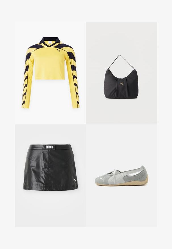 Gul, cropped langærmet trøje med sorte accenter, pæn krave og en tekstureret overflade med et dynamisk stribe mønster. Puma-logo inkluderet.; Sorte faux læder nederdel med en glat tekstur, der har et PUMA-logo på taljen og et lille logo på kanten.; Lysegrå Puma ruskind flad sko med hvidt logo, snørelukning foran, udskårne sider og beige tekstureret sål, vist fra ydersiden.; Sort skuldertaske med tekstur og folder, et enkelt håndtag og et lille gyldent Puma-logo centreret på forsiden.